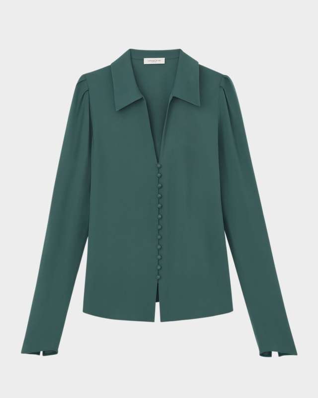 Pleated-Shoulder Silk Blouse